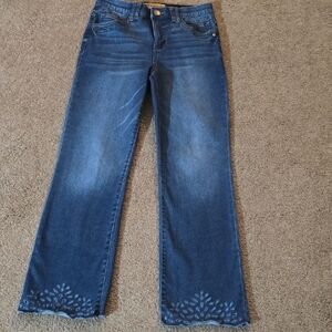 Democracy Dark Blue Flare Jeans with Embroidered Hem